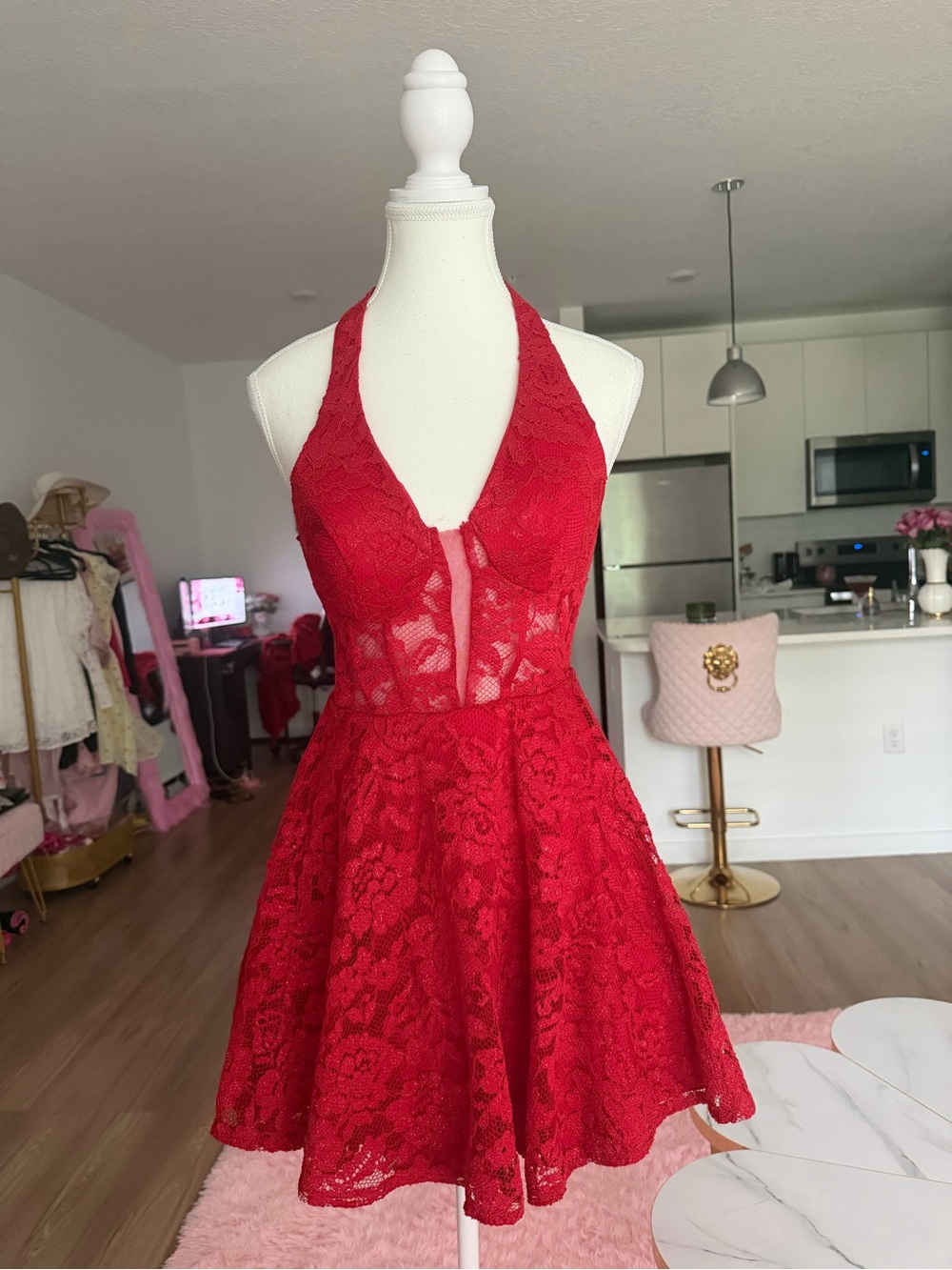 B Darlin Vibrant Red Lace floral Halter Dress